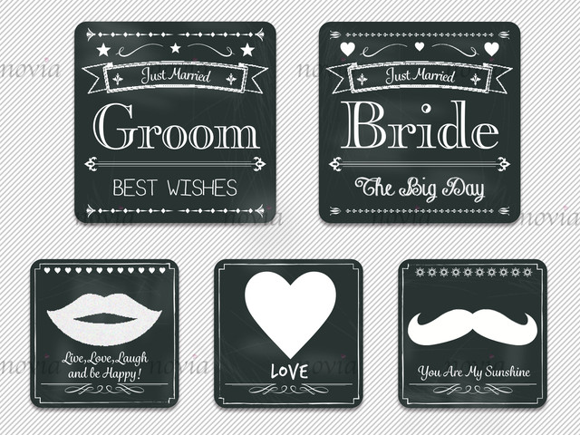 ウェディング フォトプロップス 黒板風 Groom Bride と 唇 ひげ ハート ５本セット Novia