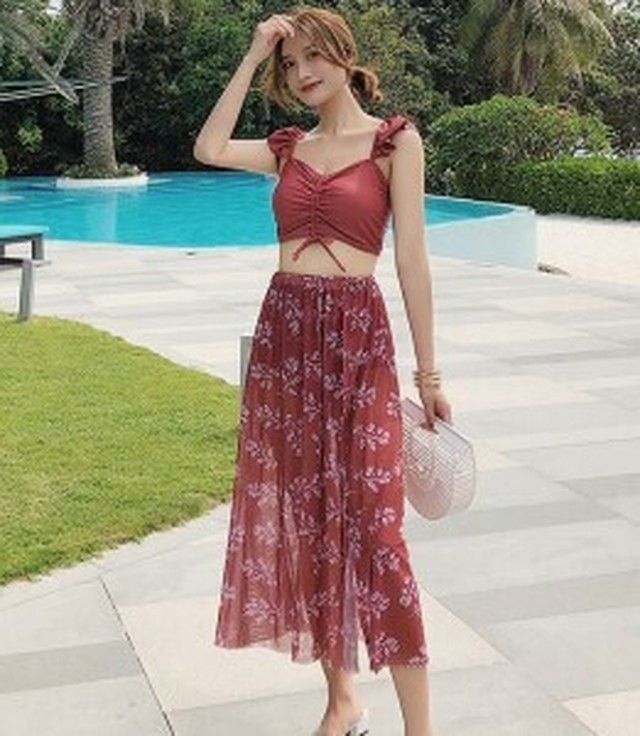 水着 3点セット タンキニビキニ タンキニ ビスチェビキニ ハイウエスト カバーアップ ロングスカート レトロロマンティック クロップトトップス サーフガール 毎日ビキニ ボヘミアン レトロ 大胆 柄 リゾートムード 大きいサイズ 体型カバー ビーチ 海 Emarkitekt