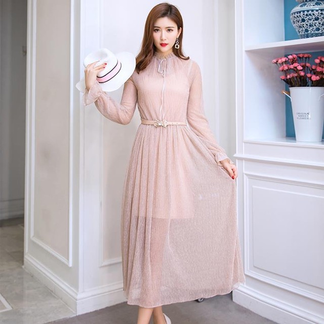 ロング丈シースルーで大人っぽガーリー ピンクのシースルーワンピースセット ワンピース レトロ ロング シースルー セット キャミソール 長袖 フリル スタンドカラー ピンク 大人 上品 ガーリー Sugar Daystyle シュガーデイスタイル