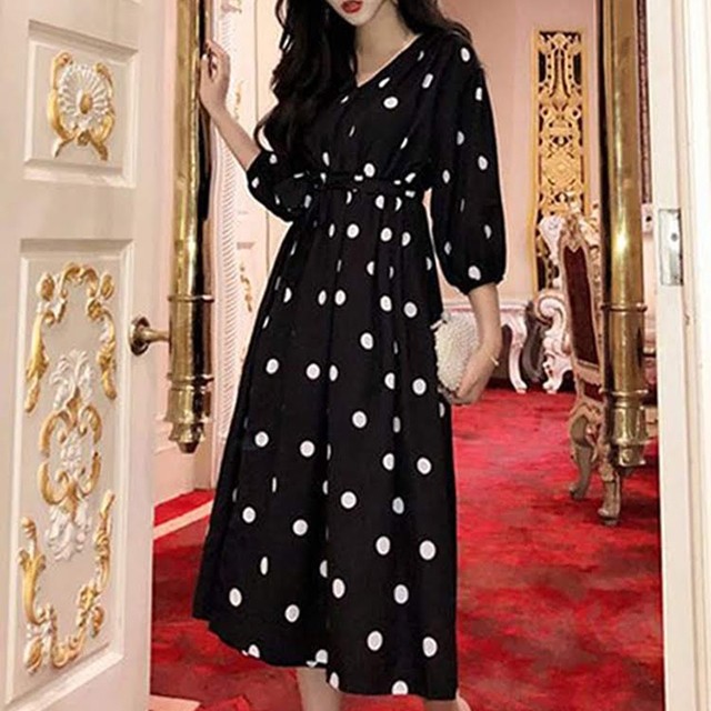 ドット柄 ボリューム袖 ワンピース ７分袖 ｖネック ハイウエスト ミディアム丈 ギャザースカート カシュクール ワンピース ワンピースドレス レディース ファッション S0051 Aeka Clothet
