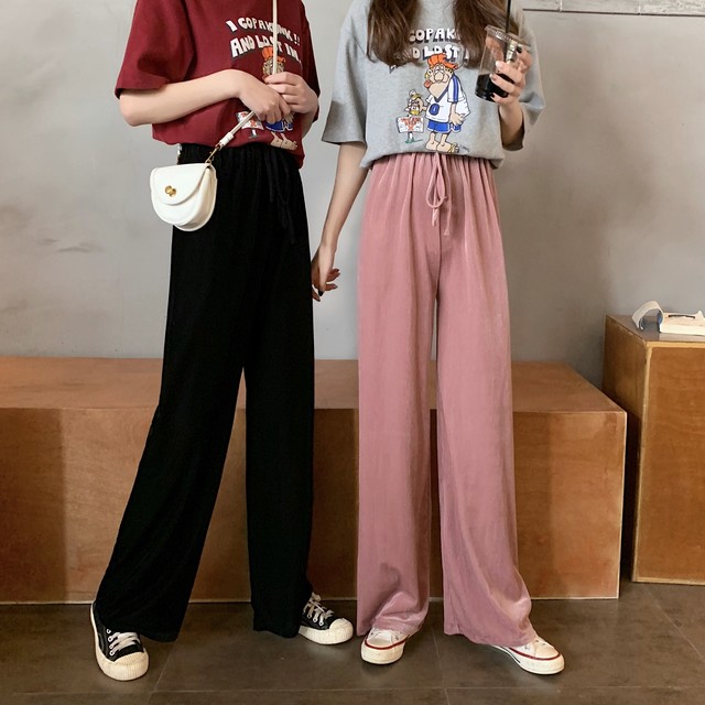 ゆるコーデ ハイウエスト ワイドレッグ ストレートパンツ カジュアルパンツ ボトムス ベロアパンツ ウエストゴム シンプル カジュアル 春夏 デイリー デート お出かけ 10代 代 30代 Ptnym2953 Shop Suba