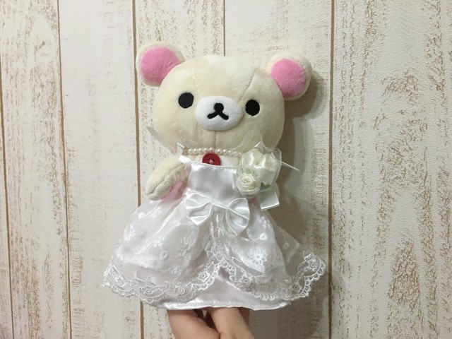 既製品 ぬいぐるみ衣装 ドレスsサイズ リボンレースタイプ パールネックレス ブーケ付き ぬいぐるみドレス専門店 シェリーマリエ