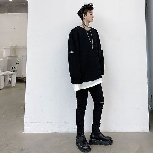 予約販売 ロンt 長袖 メンズ レイヤード 重ね着風 ホワイト ブラック ゆったり カジュアル こなれ感 お洒落 韓国 トレンド 春 M L Xl Favoriteselect