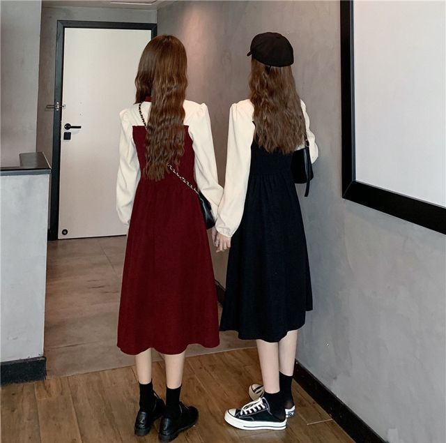 レディース ワンピース 秋冬 長袖 ボトルネックドッキングワンピース Aライン フレア ひざ丈 ミモレ丈 クラシカル シック 上品 フェミニン ガーリー 大人ガーリー 大人カジュアル カジュアル 秋 冬 フリーサイズ Ukiukionepicec