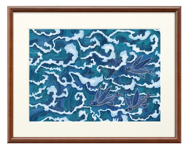 フレームアート 和風の海とトビウオ 作品サイズ Umiya ウミヤ