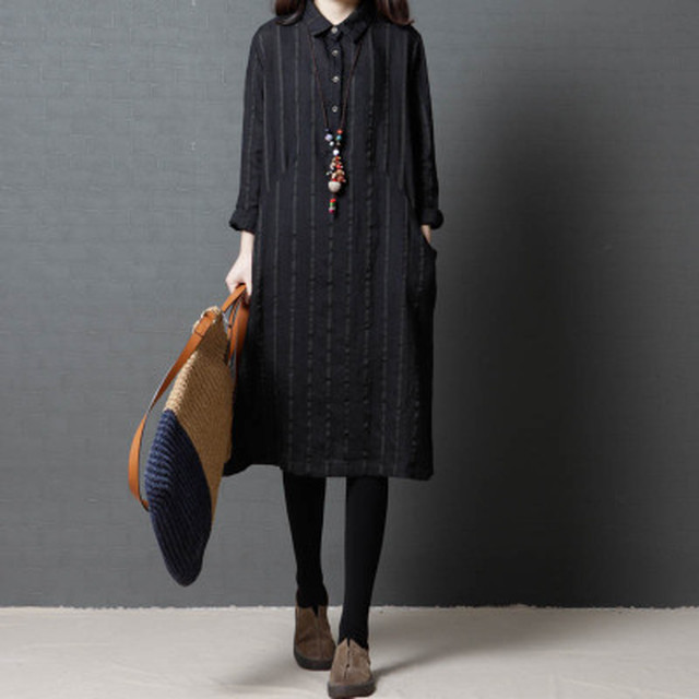 シャツワンピース ミセス 長袖 コットン 膝下 お出かけ シンプル 大人 上品 通勤 ブラック ネイビー大きいサイズ有り ゆったりシルエット ウッディーベース1号店