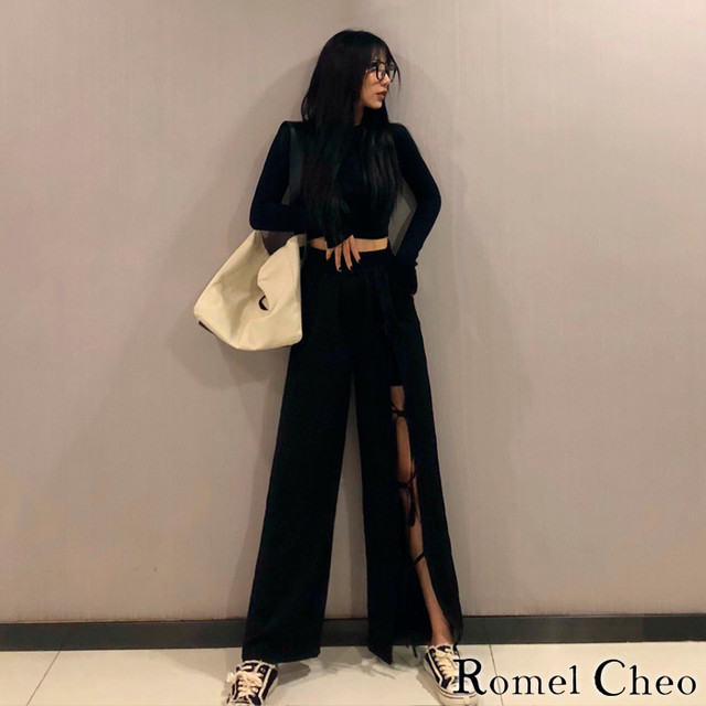 お支払い確認後日以内発送 Romelcheo スリット リボン ブラック パンツ 黒 レディース ハイウエスト ストレート ワイド幅 シンプル 韓国 オルチャン ストリート 個性的 ファッション 大人可愛い ロメルチェオ Romelcheo