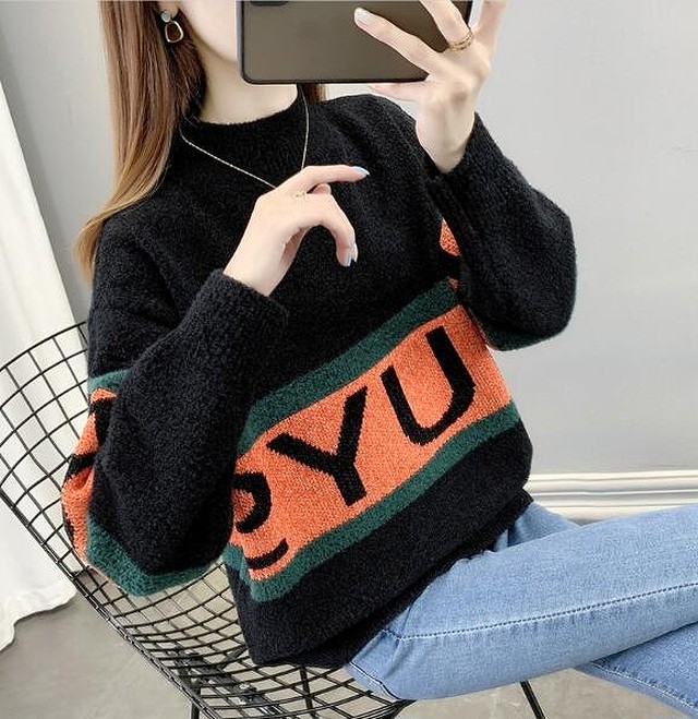 ニット セーター ニット レディース 40代 韓国 トップス 大きめ 安い 新品 ボトルネック 英字 カジュアル シンプル ゆったり おしゃれ 可愛い ワンピの里