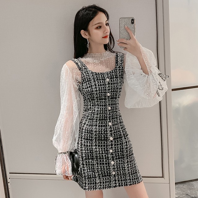 ツイード レース ブラウス ワンピース セット 秋冬 レイヤード シースルー ミニ丈 ノースリーブ 長袖 カジュアル おでかけ 女子会 着回し 大人可愛い ウッディーベース1号店