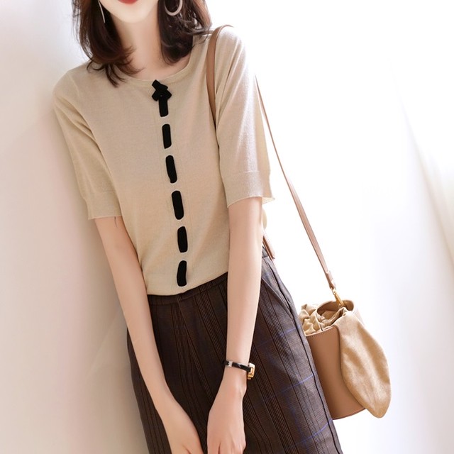 サマーニット トップス バイカラー ラメ入り 半袖 サマーセーター 夏服 通勤 レディース I0396 Aeka Clothet For Worker