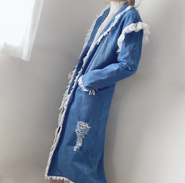 古着 レトロ デニムコート ロングコート デニムジャケット No 5715 古着pim レトロ ヴィンテージ 柄シャツ