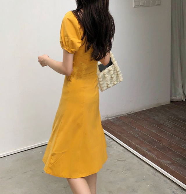 イエロー Aライン ワンピース 半袖 パフスリーブ 膝丈 黄色 きれいめ 春 夏 おしゃれ レトロ かわいい デート服 オフィスカジュアル 韓国 韓国ファッション オルチャン オルチャンファッション K045 Korean Select 韓国ファッション オルチャンファッション