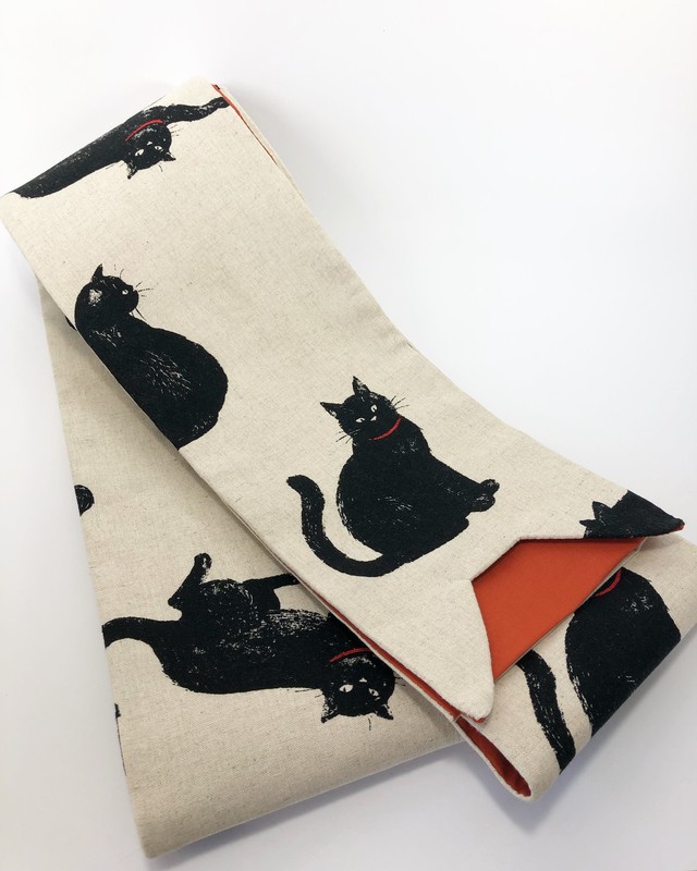 黒猫の女性用半幅帯 オレンジ 猫耳 黒猫屋ニコル