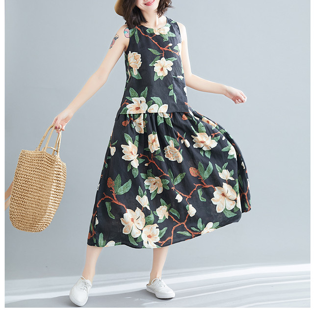 セットアップ ワンピース風 ラウンドネック ノースリーブ ロング丈 スカート フレア トップス 花柄 Rb M06 0086 Redbell