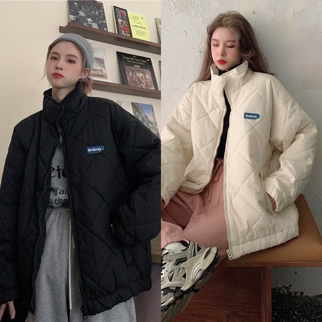 ジャケット 中綿 ダウン オーバーサイズ レディース 韓国 ファッション 冬 アウター メンズライク スポーティ アウター 防寒 厚手 ジャンパー 韓国 オルチャン ダイヤ柄 ステッチ ビッグシルエット 黒 白 ジャケット Vestito