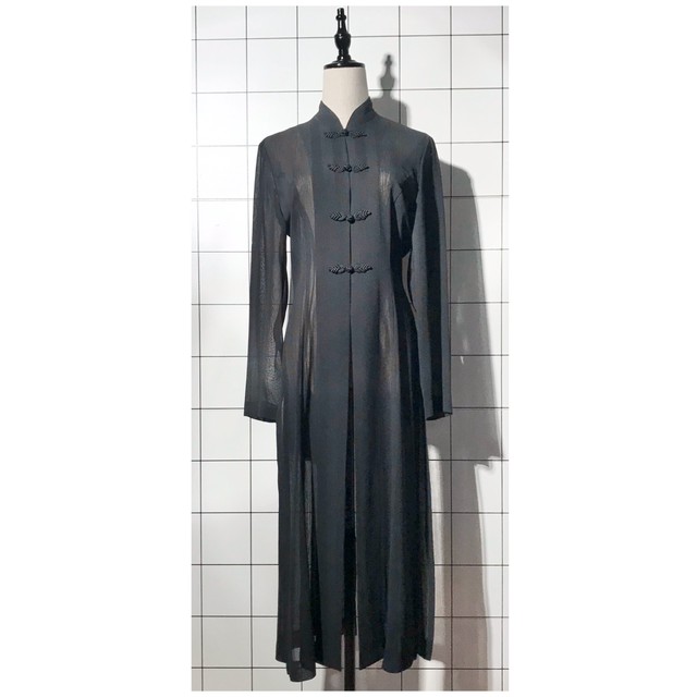 送料無料 90s Black See Through China Design Long Shirt ブラック シースルー ロング丈 チャイナシャツ ワンピース ガウン ヴィンテージショップ Smoke