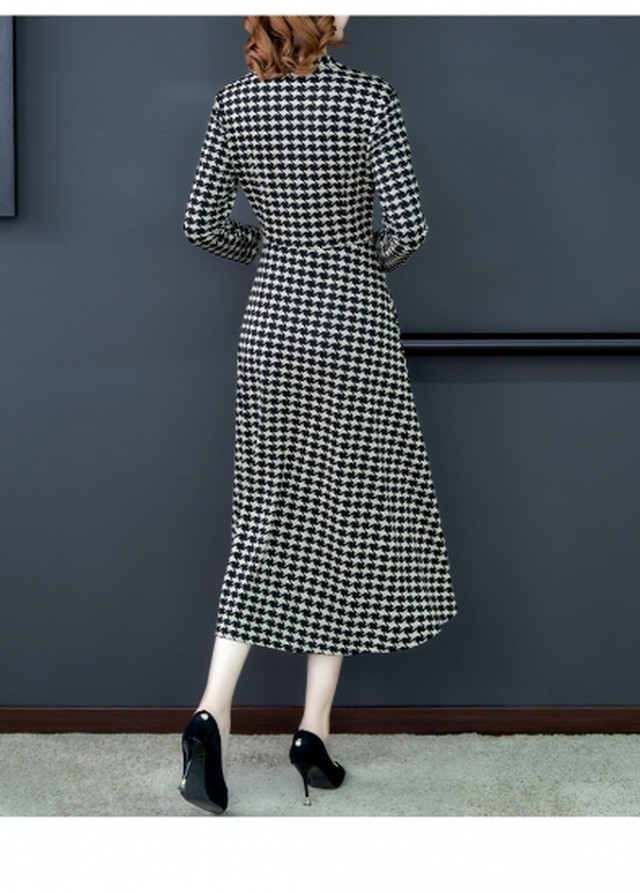 レディース 千鳥格子 ワンピース ラップワンピース チェック柄 秋 長袖 30代 40代 おしゃれ 大きいサイズ Vネック ロング ロングワンピース 秋冬 Hr440 Raxia ラクシア