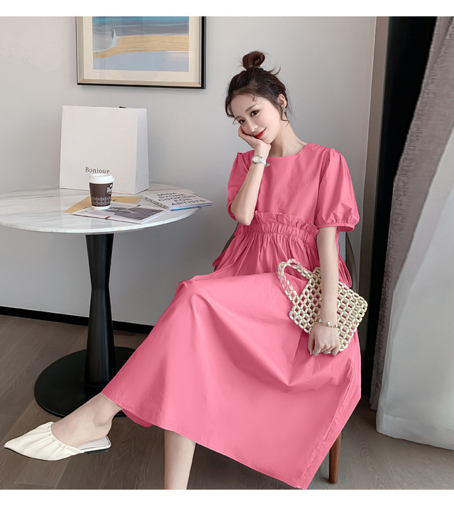 ワンピース M 2xl ウエストフリル 半袖 バルーンスリーブ パフ袖 ラウンドネック ロングワンピース 無地 リボン パープル ピンク 大きいサイズ有 ガーリー 可愛い デート サマードレス リゾート 旅行 楽ちん 春 夏 秋 Southisland