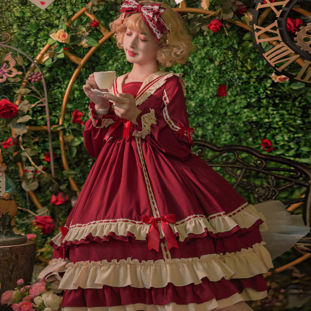 Lolita Op Dress ロリータドレス ワンピース ロリィタ 日常用 お茶会 撮影 Cosplay イベント 春夏秋 長袖 ロリ 大きいサイズ S M L Ll ワインレッド ネイビー Mintcat
