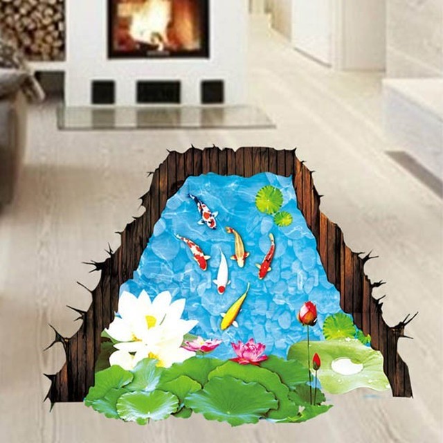 ウォールステッカー 床用 長方形の縦池 蓮と鯉 だまし絵 トリックアート インテリアステッカー イラスト Diy 剥がせる Peachyshop