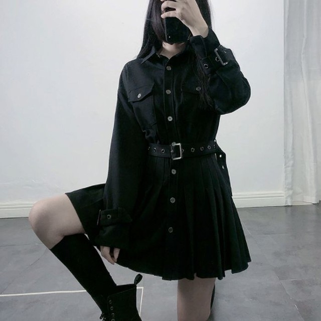 ウエスト切り替え プリーツ ワンピース ミニ丈 長袖 シャツワンピース ブラック 黒 レディース 韓国 カジュアル シック キュート セクシー お支払い後日以内に発送 Top350 Loveless