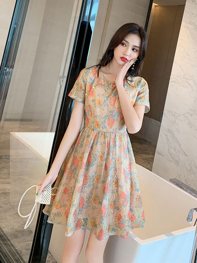 花柄ミニワンピース ミニ丈 Aライン 半袖 ガーリー夏 通勤 Ol ガーリー デート お出かけ ママ会 記念日 Mh1719 Valentina210