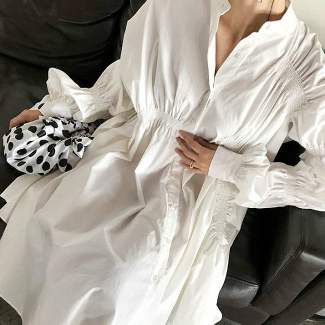 シャーリング ブラウス ワンピース 長袖 フレア 春ワンピース 春 ボリューム袖 白 襟付き シャツワンピース 前開き ハイネック お出かけ デート きれいめ 大人可愛い 大きいサイズ Rx1017 Raxia ラクシア