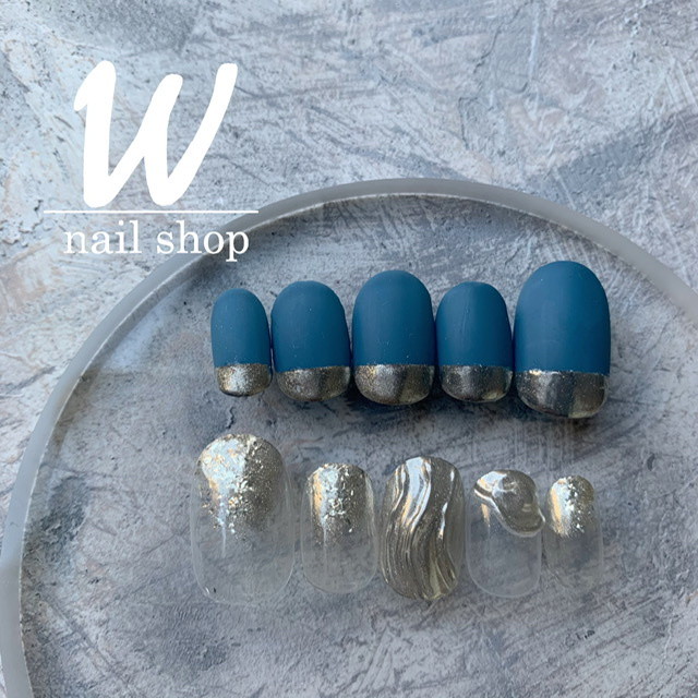 サンプルデザイン５ マットブルー シルバーネイルチップ Nail Shop W ダブリュー ネイルチップ パーツ ストーン販売店