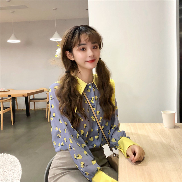 春夏 いちご柄 フルーツ柄 韓国風 襟 長袖シャツ トップス カジュアルファッション Macaron