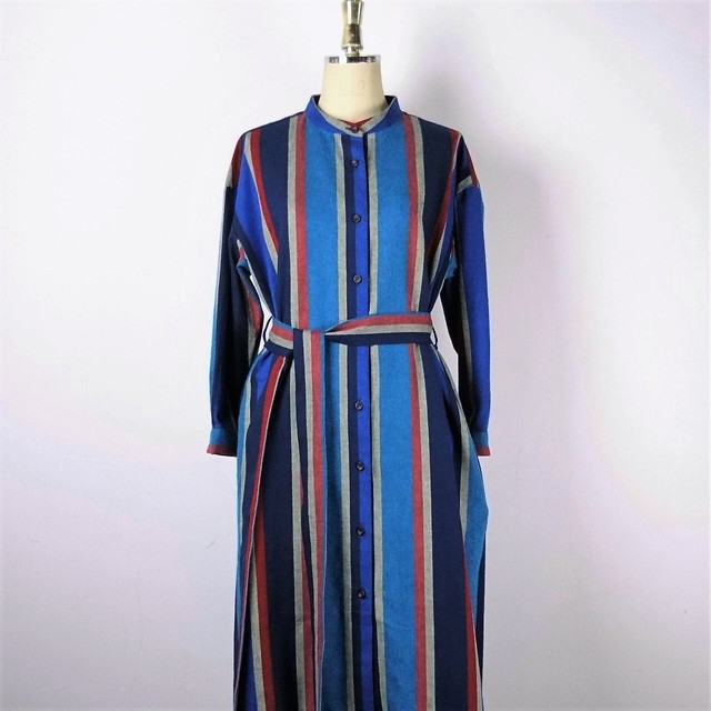 Lady S レトロストライプシャツワンピース あさかげblue Sunny Day Tailor