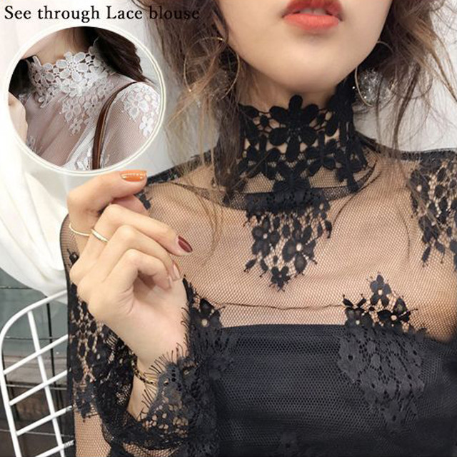 国内発送 シースルー ブラウス レディース レース インナー 刺繍 ハイネック チュール 花柄 白 黒 重ね着 長袖 トップス Infini Arc En Ciel