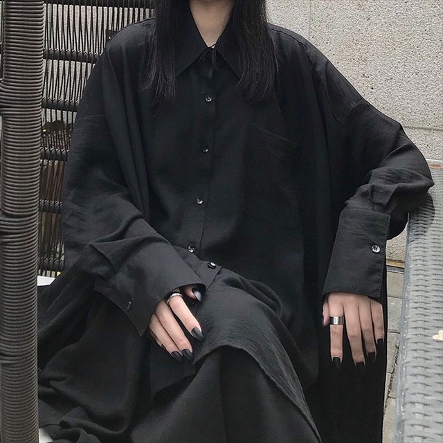 ゴスロリ ワンピース シャツワンピ アシンメトリー ロング丈 長袖 レイヤー風 ブラック 病みかわいい ゴシック系 ビジュアル系 モード系 フェス 天使と悪魔 サブカル系ファッション Seasonz