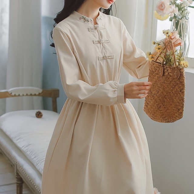 大人可愛い チャイナ風刺繍ひざ丈長袖ワンピース プチプラ韓国ファッション通販 Mocchida モッチダー