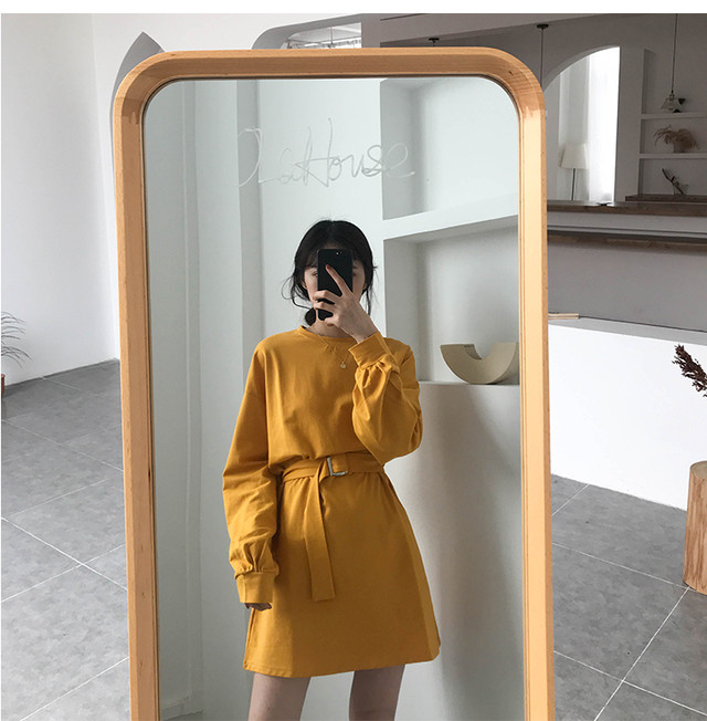 レディース ワンピース 春 秋 冬 シャツ ワンピース ロングtシャツ 長袖 ショート丈 ベルト ラウンドネック ワンピース シンプル カジュアル おしゃれ ガーリー 大人可愛い お出かけ デート 通学 キャンパス 通勤 オフィス 学生 旅行 女子会 普段着 グレー ホワイト
