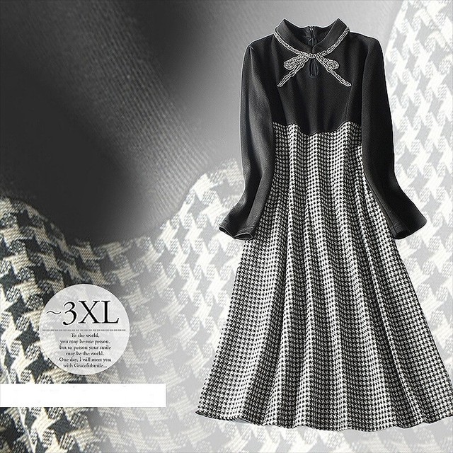 ドレス ワンピース ドレス レディース 女性 黒 リボン チェック柄 大きいサイズ ゆったり 通勤 Ol オフィス 入園式 入学式 卒園式 卒業式 お呼ばれ Goldayahiro