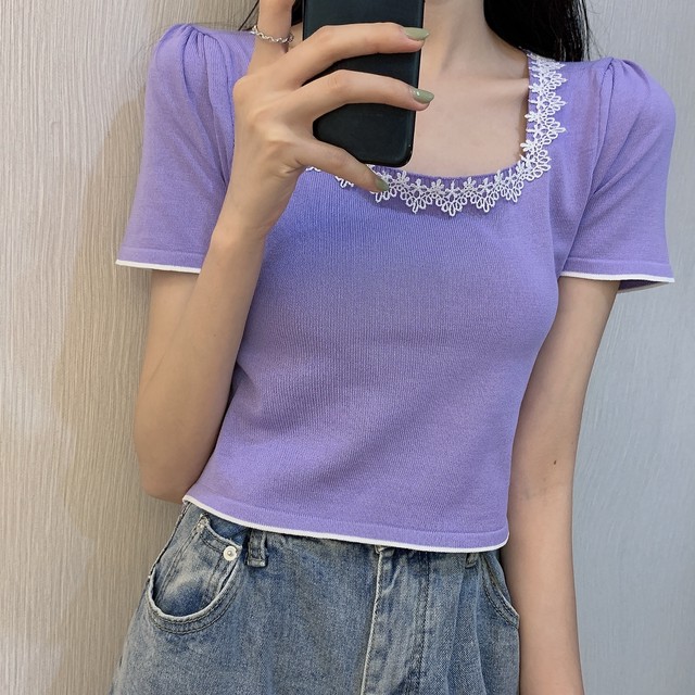 レディース トップス 夏 ニット セーター 半袖 スクエアネック レース ステッチ ショート丈 スリム サマーニット ｔシャツ シンプル カジュアル おしゃれ 大人可愛い お出かけ デート 通勤 オフィス 通学 学生 キャンパス 旅行 普段着 ホワイト パープル ブラック Hf