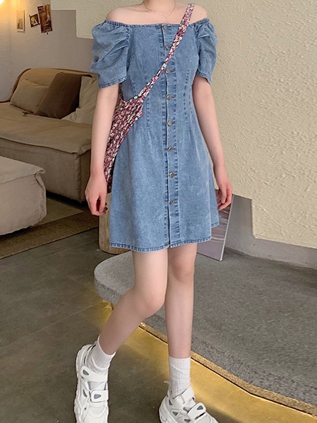 レディース ワンピース ミニ デニム ワンピース ドレス 半袖 スクエアネック オフショルダー フロントボタン ミニ丈 ショート丈 ａライン スカート ハイウエスト シンプル カジュアル おしゃれ 大人可愛い レトロ お出かけ デート 通勤 通学 旅行 普段着 ブルー Hf