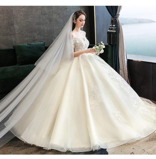 カラードレス シャンパン色 上質オーガンジー スパンコール オフショル マタニティエレガントロング ロングドレス Ynswedding23