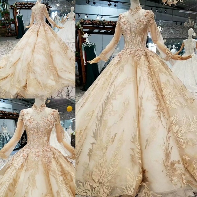 カラードレス シャンパン色 レース ハンドビーディング プリンセスライン 長袖 クラシカル 花嫁 マタニティ ロングドレス Cinderelladress