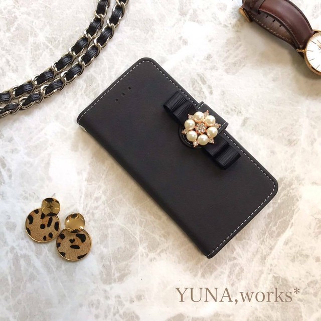 受注製作 即発送可 エレガント 人気のスエード調 グログランリボン パールビジュー アンティーク Iphoneケース 手帳型 Yuna Works