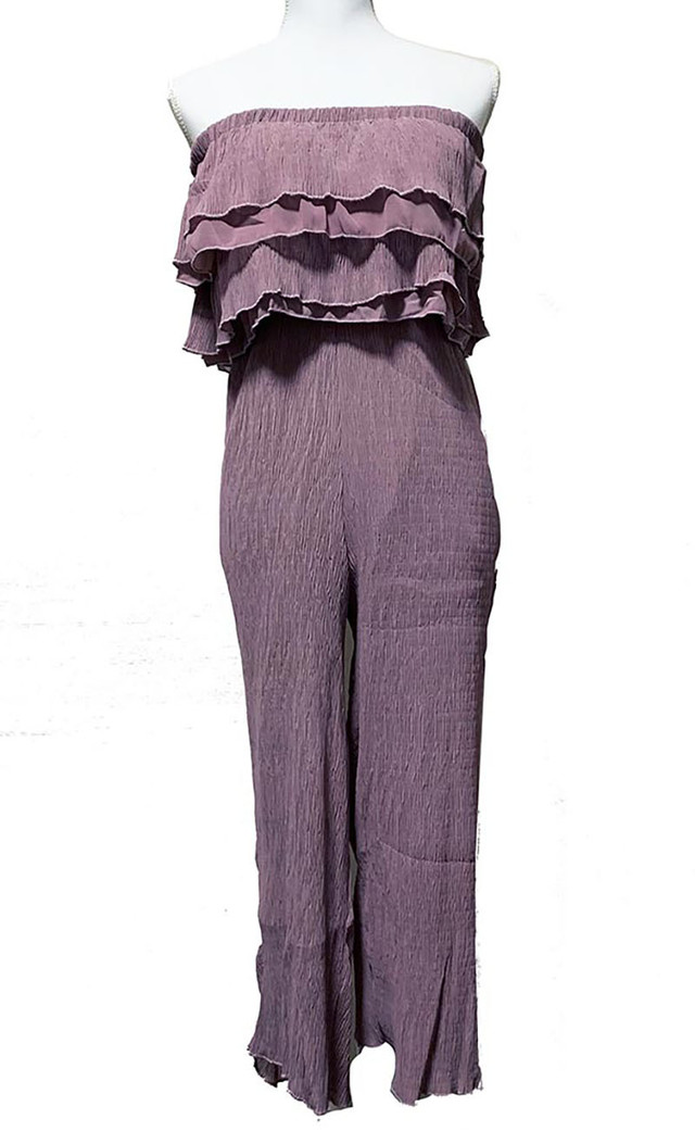 即納 現品限り オールインワン ワンピース ティアード ベアトップ 楊柳 ロングパンツ フレアパンツ シフォン Lcs2517tyc Leicloset