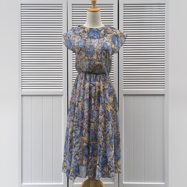 French Sleeve Rose Dress レトロ古着 フレンチスリーブ薔薇柄ワンピース 花柄 Rilou リル