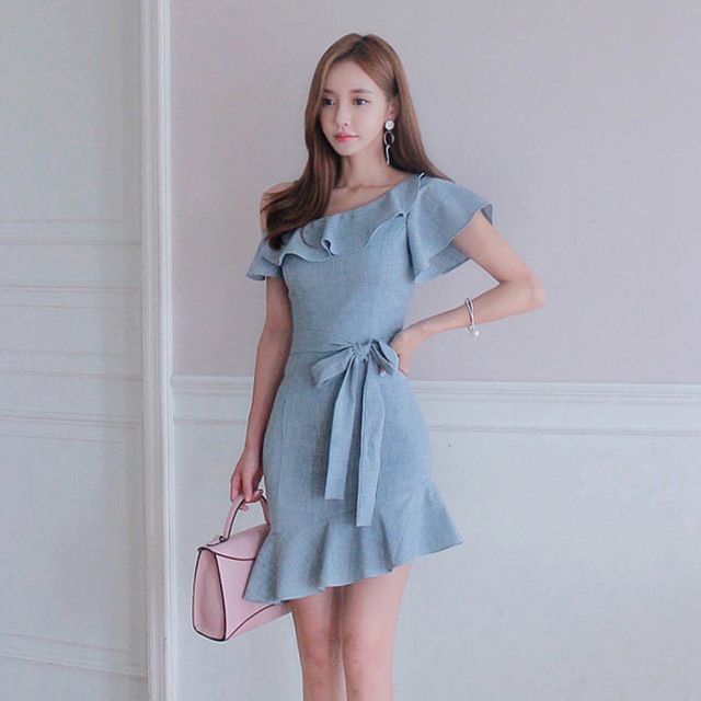 送料無料 ワンショルダー フリルワンピース ドレス グレー タイト 結婚式 Lilyshop 海外ファッション