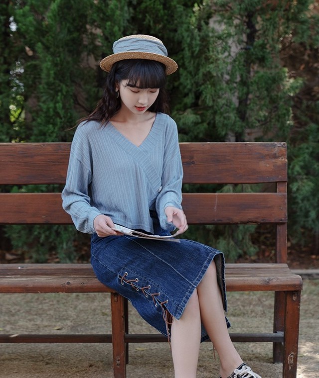 ニット セーター レディース 春ニット 秋ニット ゆったり アシンメトリー Vネック 長袖 ストライプ トップス カジュアル Ab1929 Valentina210