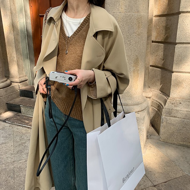 全2色 レディース トレンチコート スプリングコート ミドル丈 オーバーサイズ ルーズシルエット ベージュ グレー S M L Favoriteselect