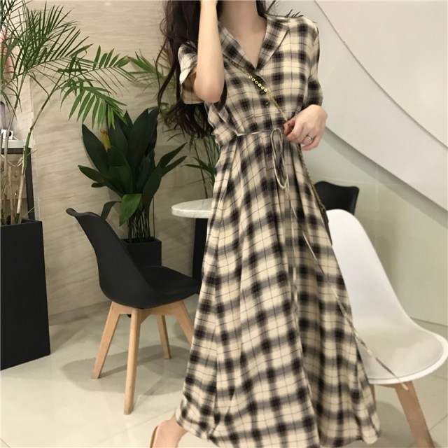 大人カジュアル チェック柄 ひざ丈ワンピース 半袖 夏 シャツワンピース 10代 代 30代 ロングワンピース 可愛い Ptnym1419 Shop Suba