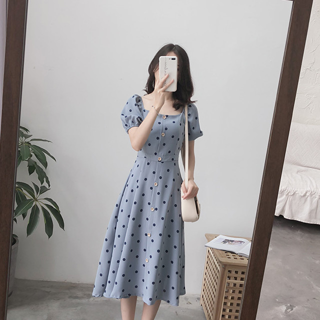 レトロ ワンピース ドット柄 スクエアネック フレア ミディ丈 ドレス 春夏 ブルー B 151 Rianjoule ドレス 女子会ファッション トレンド セレクトショップ