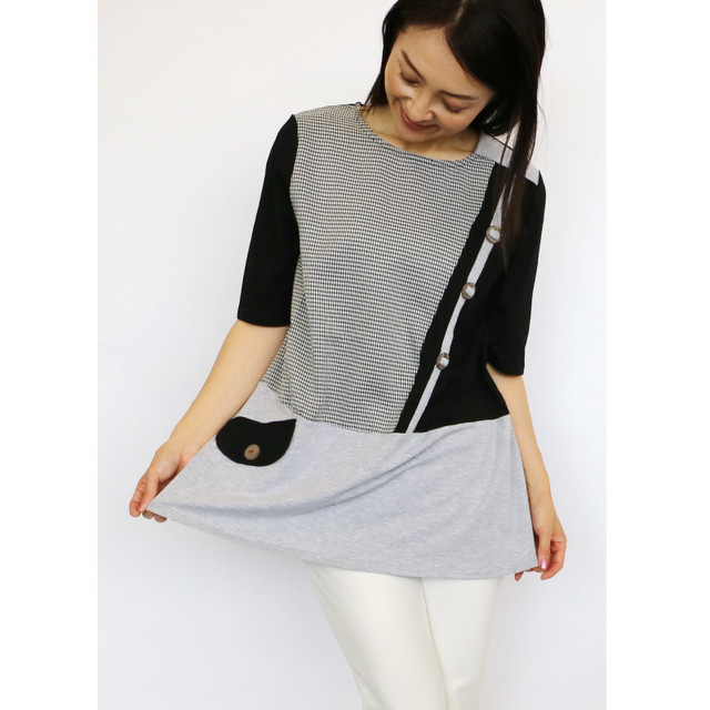 夏にオススメ異素材コラボサスペンダー ポケットアクセントチュニック ブラック黒色 Black 40代 50代 60代ファッション 70代 80代 ミセス ファッション ラナリオンオンラインショップ