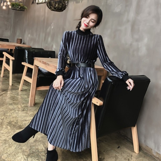 レディース ワンピース ロング丈 長袖 ボーダー Aライン ウエストマーク レトロ きれいめ シンプル 春夏 お出かけ デートレッド ブルー Officewalaa オフィスワラア レディースファッション スタイル
