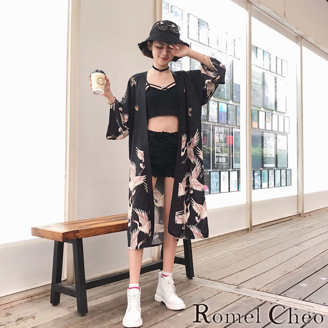 Romelcheo 鮮やか鶴柄カーディガン 羽織り ロングカーディガン ゆったり 七分袖 和柄 和風 シャツ ジャケット 総柄 コーディガン 夏 涼しい 日焼け対策 冷房対策 モード系 和装 浴衣 法被 半纏 レディース 原宿系 ストリート ロメルチェオ Romelcheo